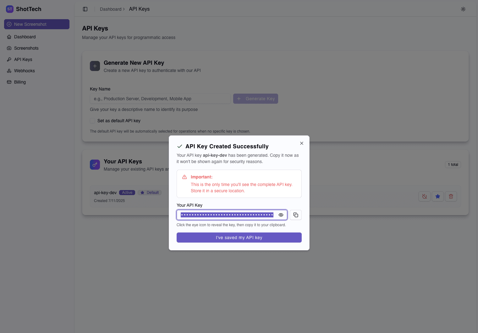 API Keys Management Interface
